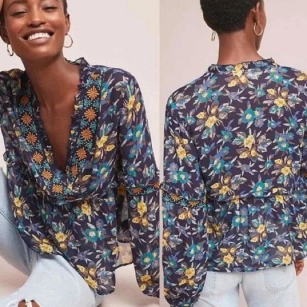 Meadow Rue Blue floral Sheer top with Embroidered V Neck